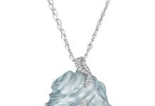 Exceptional Hand Carved Aquamarine and Diamond Gold Pendant by Naomi Sarna