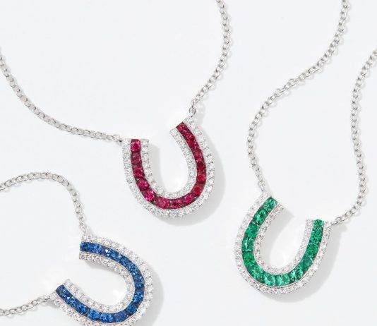 Lucky Horseshoe Necklaces by Karina Brez. 18K White Gold and Diamonds, with either Sapphires, Rubies or Emeralds